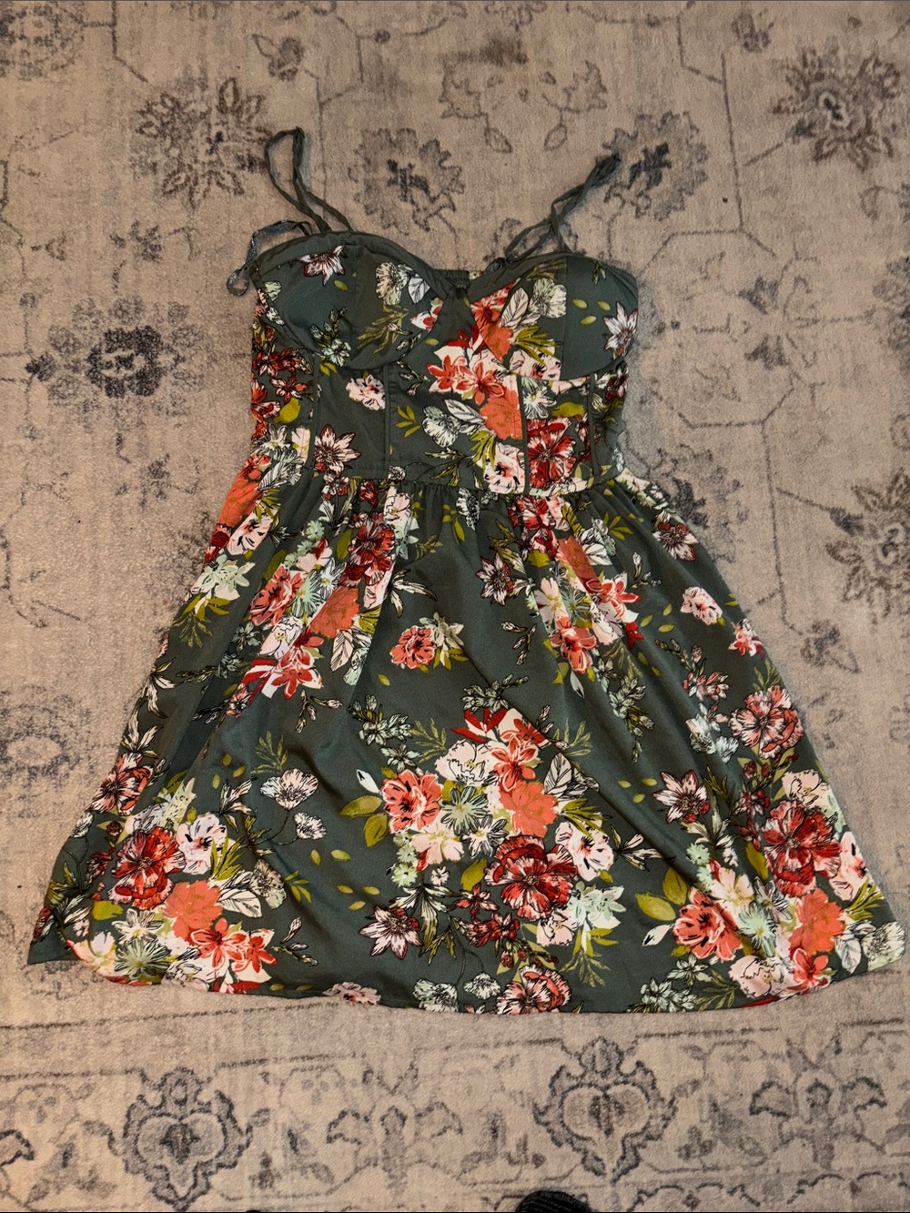 Olive Green Floral Sundress with Pink & Coral Blooms